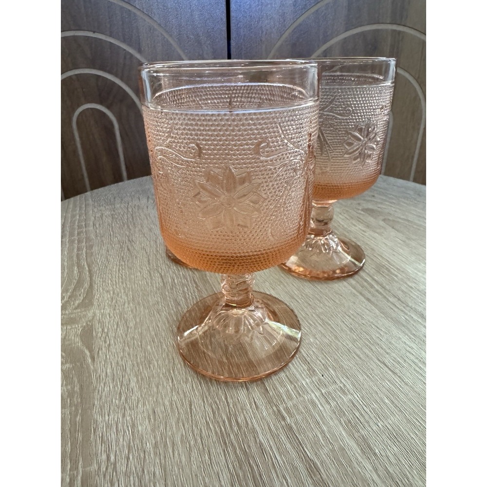3 Indiana Glass Tiara Sandwich Glass Peach Pink Water Wine Goblets  Cottagecore